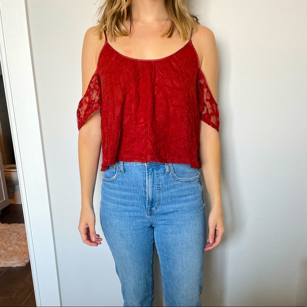 burnt orange off the shoulder crop top, floral/lace overlay